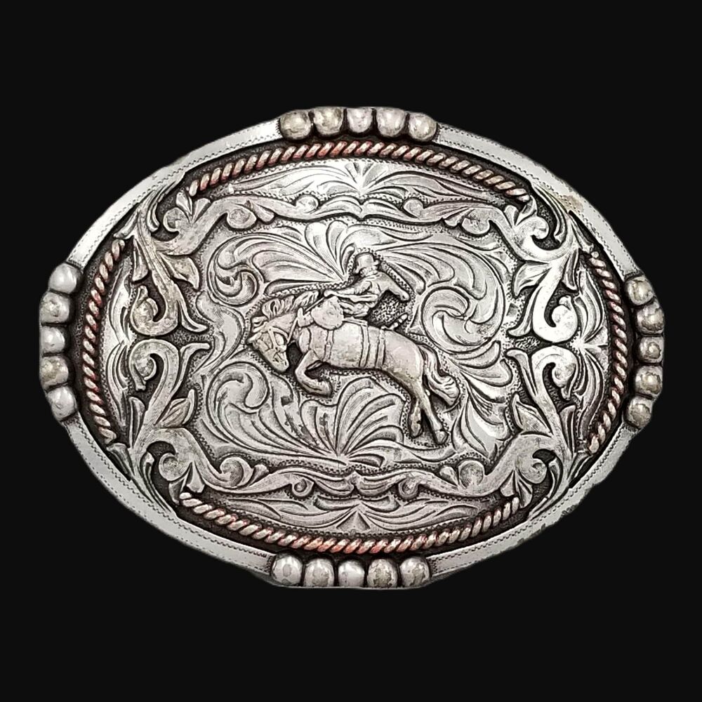 Bronco Rider Western Belt Buckle, Engraved Scroll Rodeo Design - Picture 3 of 10